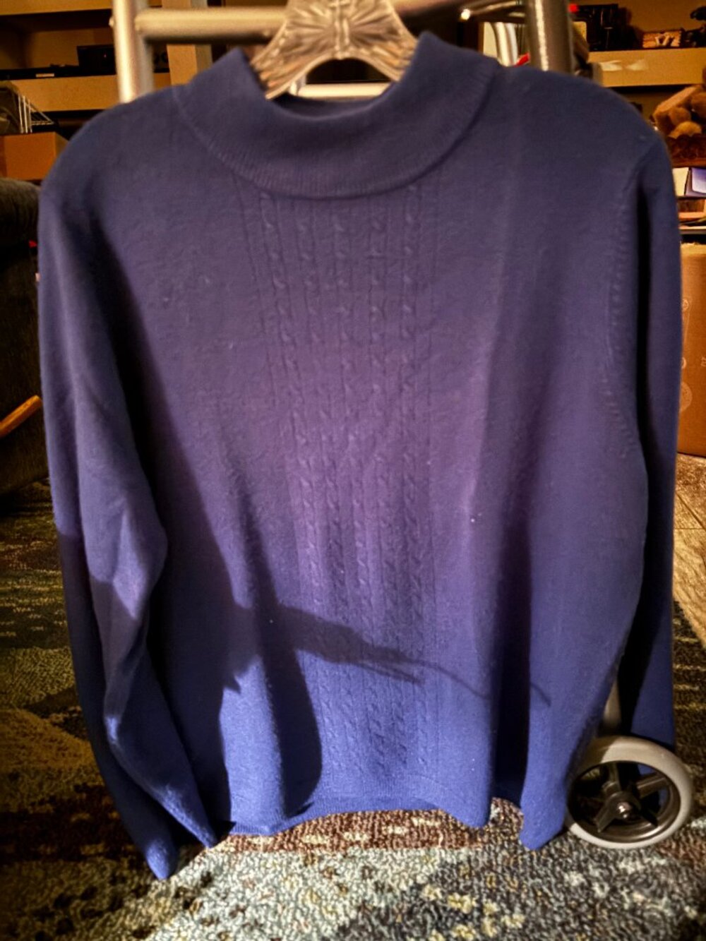 Allison Daley Blueberry Cable Knit Mock Neck Long-Sleeve Sweater, Size LARGE